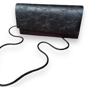 Vintage Black Rectangle Purse with Flower Floral Embroidery and Long Strap